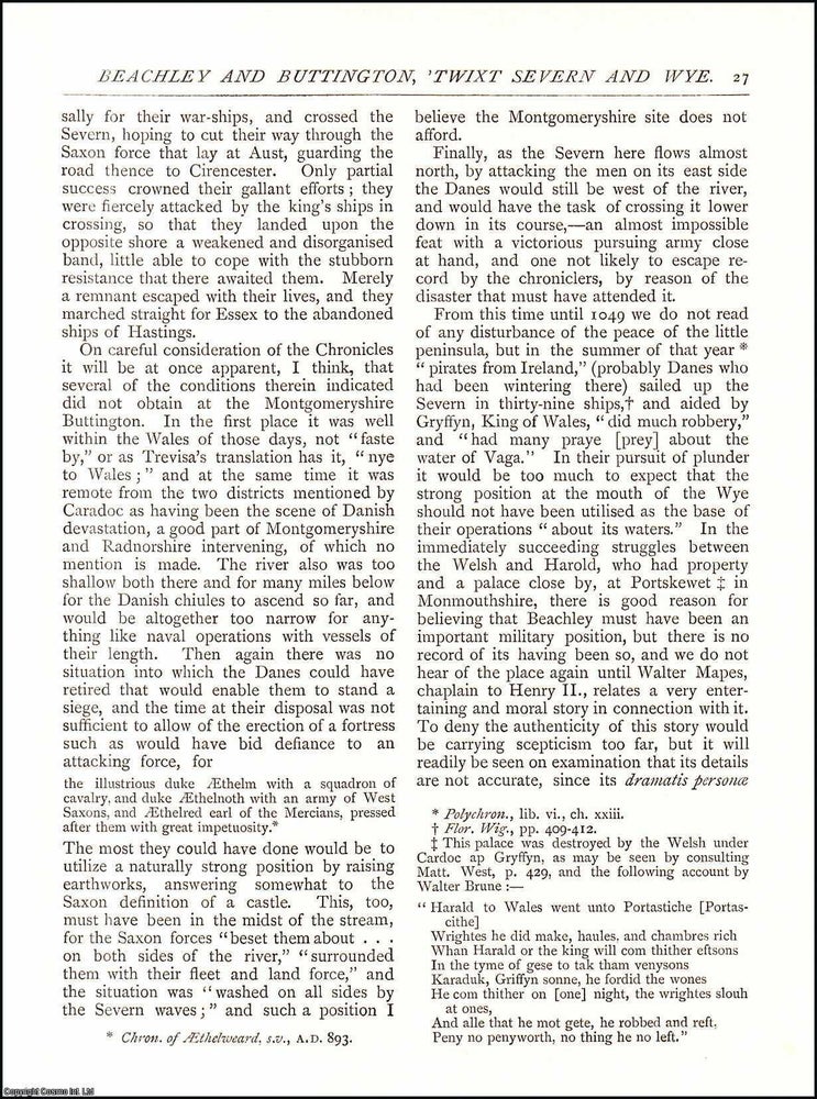 Item #607529 Beachley and Buttington, Twixt Severn and Wye. 5 pages. An article printed in 1885,...