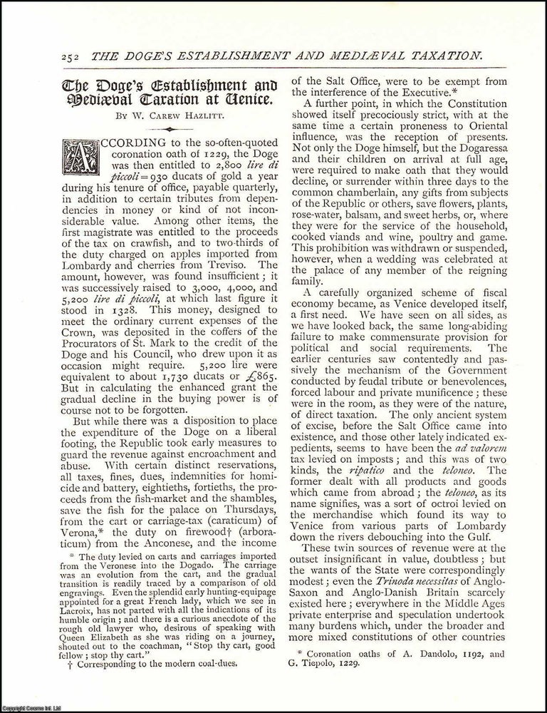 Item #607568 The Doge's Establishment and Mediaeval Taxation at Venice. An original article from...