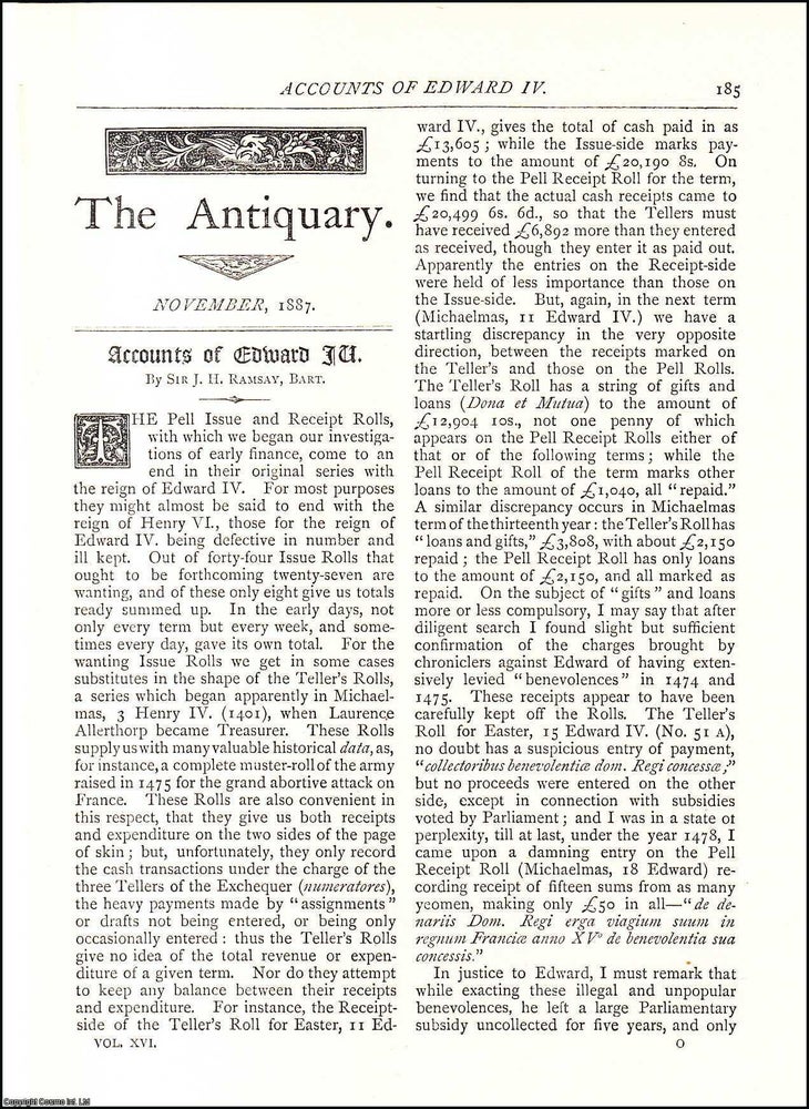 Item #607576 Accounts of Edward IV. 9 pages. An article printed in 1887, written by J. H. Ramsay....