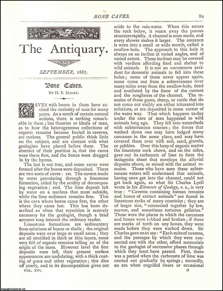Item #607584 Bone Caves. 5 pages. An article printed in 1887, written by H. P. Malet. BONE CAVES