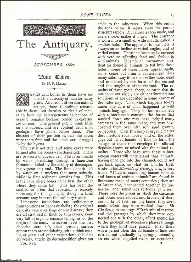 Item #607584 Bone Caves. 5 pages. An article printed in 1887, written by H. P. Malet. BONE CAVES