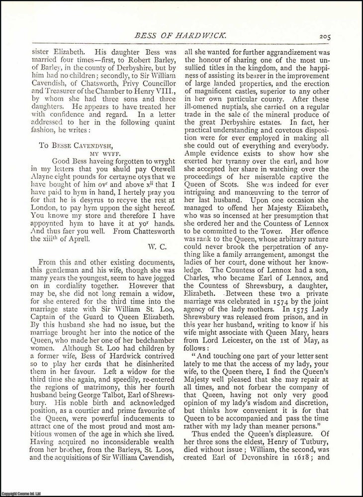 Item #607598 Bess of Hardwick. 6 pages. An article printed in 1887, written by William...