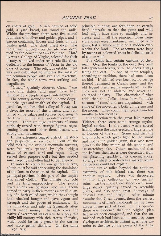 Item #607628 Ancient Peru Part I and II. 7 pages. An article printed in 1889, written by R. S....