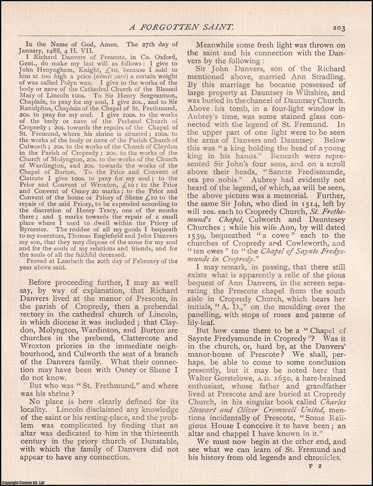 Item #607689 A Forgotten Saint. St. Fremund. Part I and II. 10 pages. An article printed in 1893,...