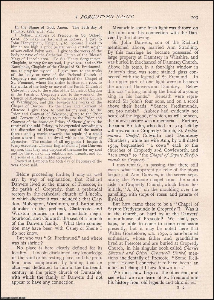 Item #607689 A Forgotten Saint. St. Fremund. Part I and II. 10 pages. An article printed in 1893,...