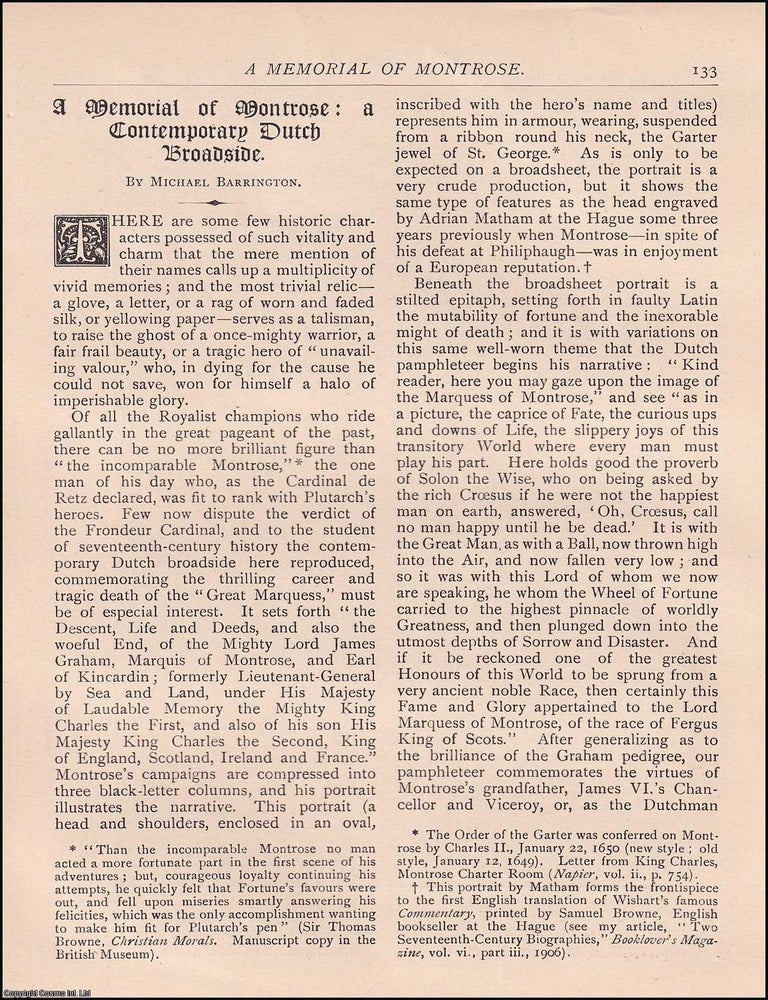 Item #607700 A Memorial of Montrose: A Contemporary Dutch Broadside. 4 pages. An article printed...