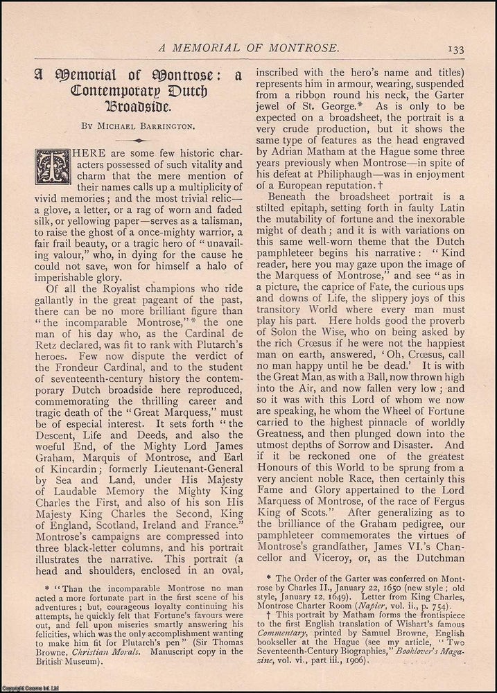 Item #607700 A Memorial of Montrose: A Contemporary Dutch Broadside. 4 pages. An article printed...