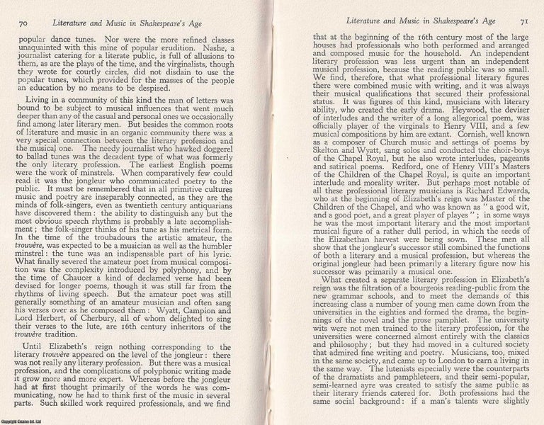 Item #608087 Literature and Music in The Age of Shakespeare. 20 pages. An article printed in...
