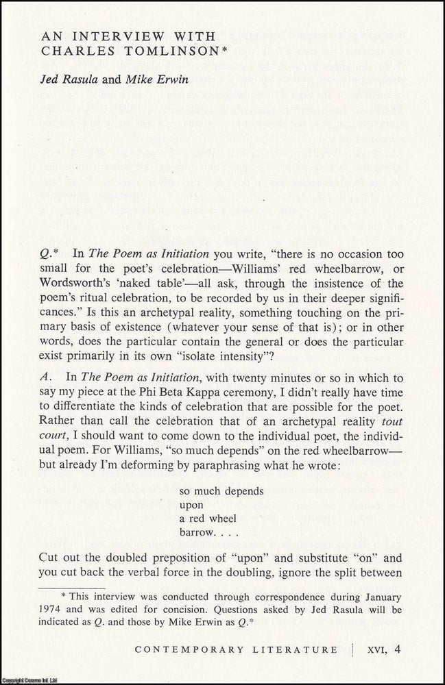 Item #608142 An Interview with Charles Tomlinson, poet. An original article from Contemporary...