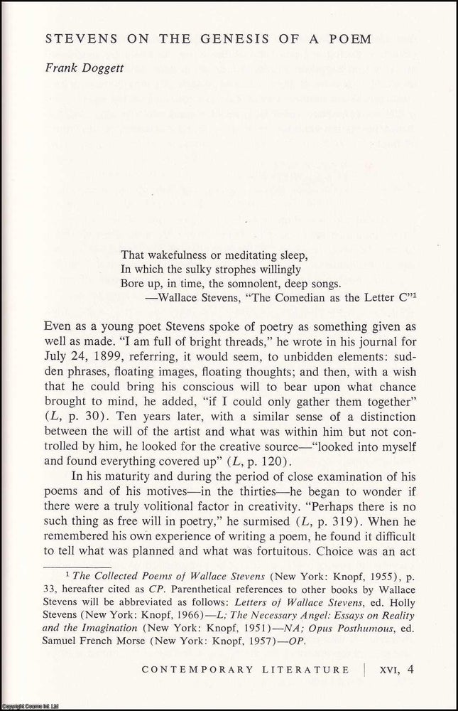 Item #608145 Stevens on The Genesis of a Poem. An original article from Contemporary Literature,...