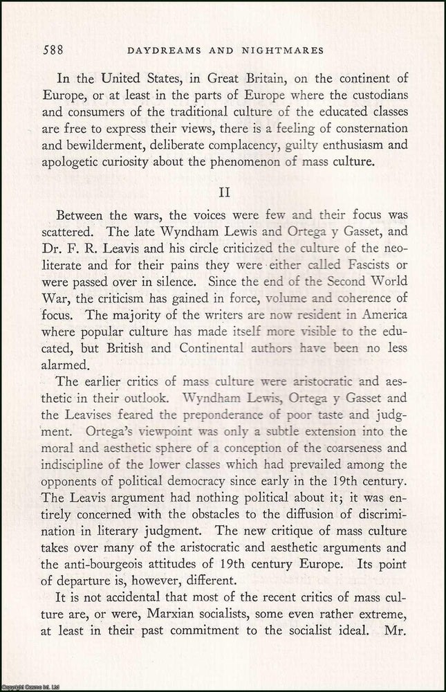 Item #608211 Daydreams and Nightmares: Reflections on The Criticism of Mass Culture. 22 pages. An...