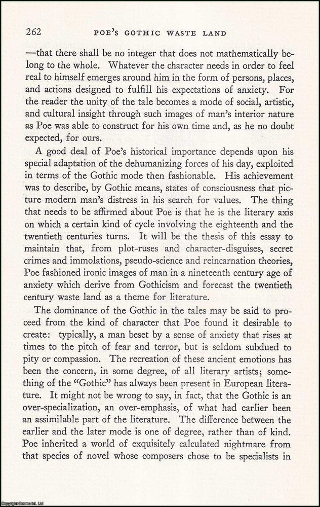 Item #608225 Poe's Gothic Waste Land. 23 pages. An article printed in 1962, written by...