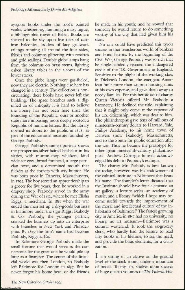 Item #608272 Mr. Peabody and his Athenaeum. An original article from The New Criterion, 1995....