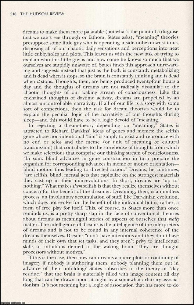 Item #608320 The Mindless Cunning of Dreams. 4 pages. An article printed in 1997, written by...