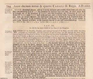 Item #609352 An Act for The Better Relief of The Poor of this Kingdom. 1662. King Charles II