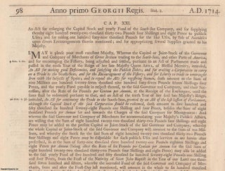 Item #609364 South Sea Bubble : National Debt Act 1714 c. 21. An Act for Enlarging The Capital...