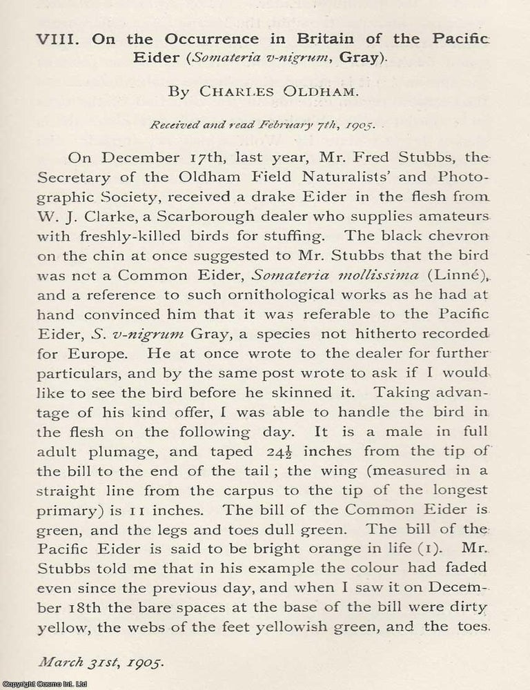 Item #615295 The Occurrence in Britain of The Pacific Eider (Somateria v-nigrum, Gray). An original article from the Memoirs of the Literary and Philosophical Society of Manchester, 1905. Charles Oldham.