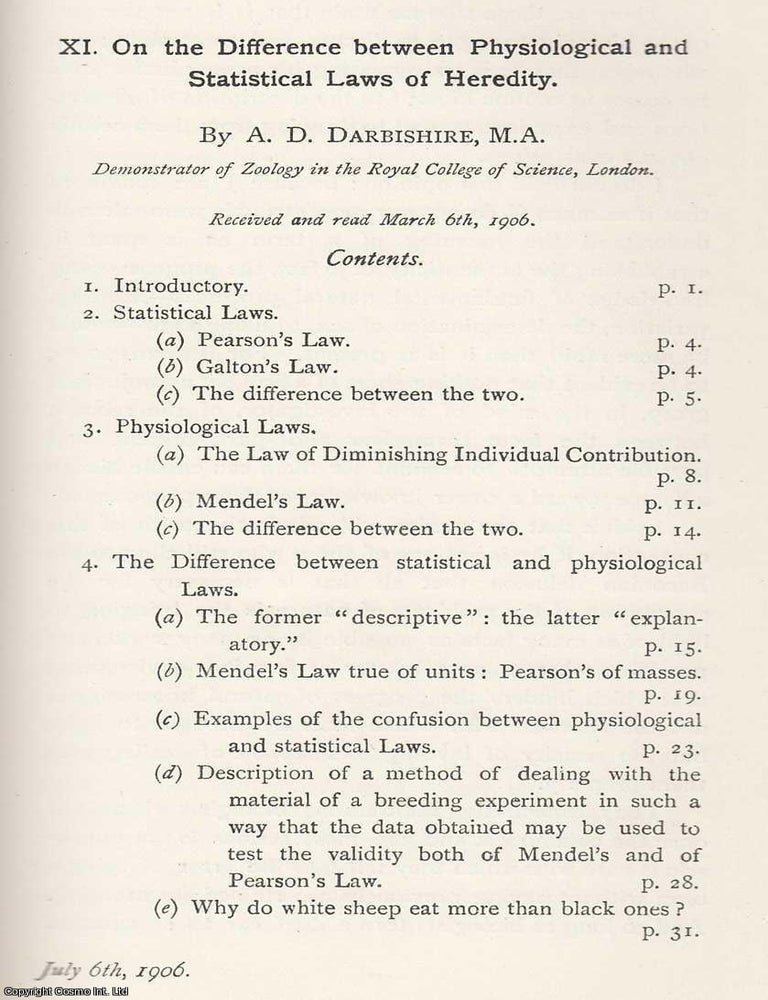 Item #615315 The Difference Between Physiological and Statistical Laws of Heredity. An original...