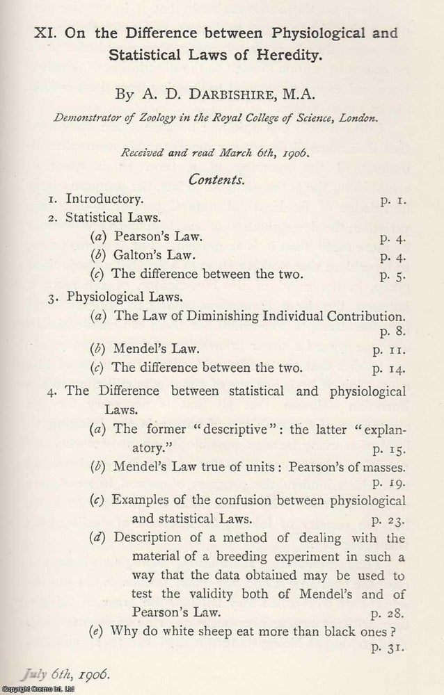 Item #615315 The Difference Between Physiological and Statistical Laws of Heredity. An original...