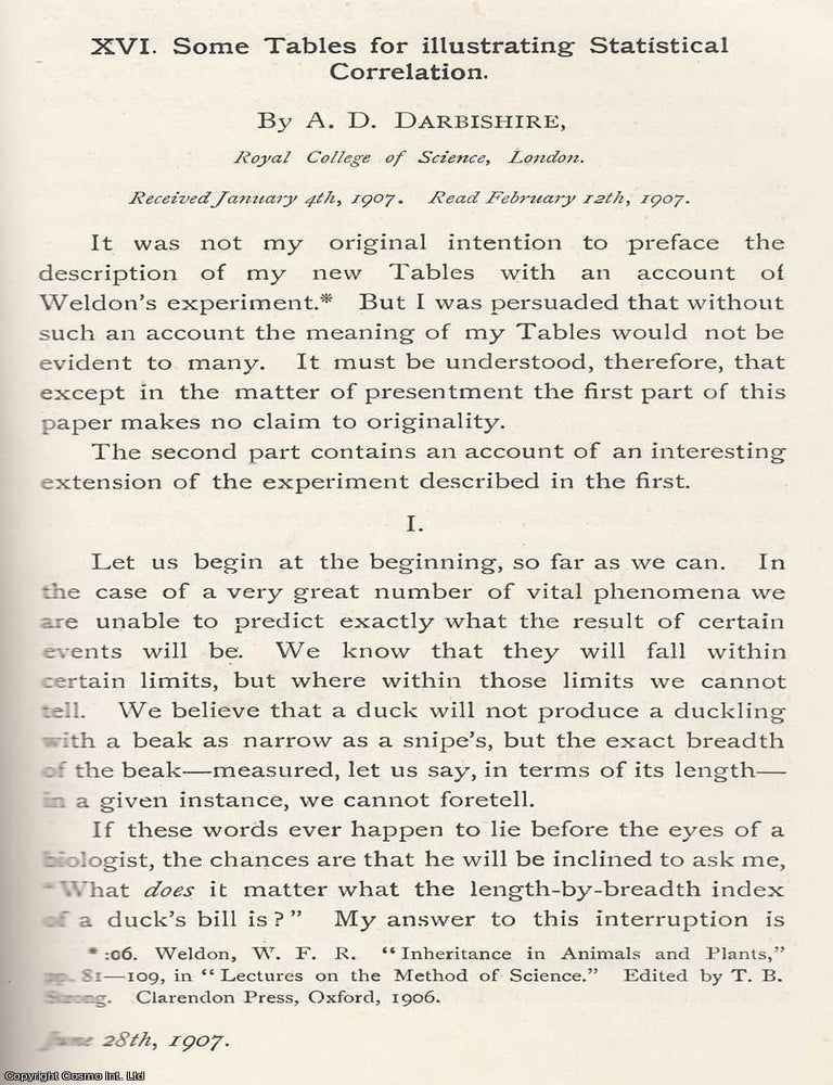 Item #615334 Some Tables for Illustrating Statistical Correlation. An original article from the...