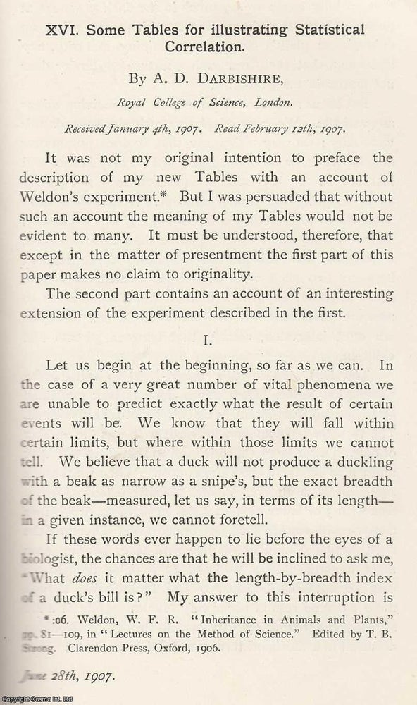 Item #615334 Some Tables for Illustrating Statistical Correlation. An original article from the...