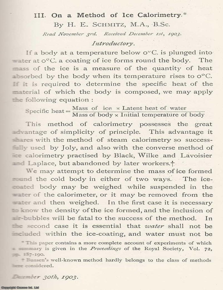 Item #615337 A Method of Ice Calorimetry. An original article from the Memoirs of the Literary...
