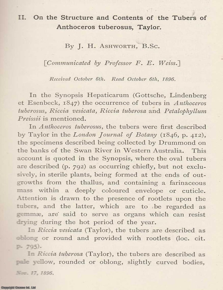 Item #615447 The Structure and Contents of The tubers of Anthoceros Tuberosus, Taylor. An...