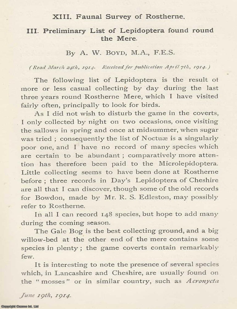 Item #615569 Faunal Survey of Rostherne Mere. Part 3. Preliminary List of Lepidoptera Found round...