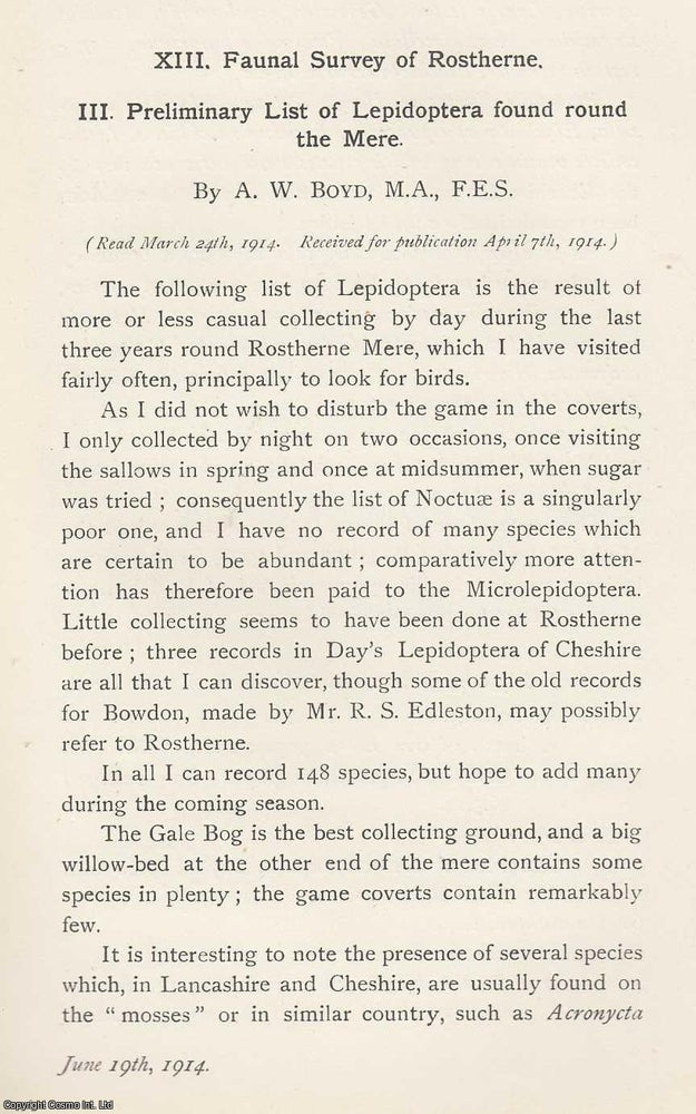 Item #615569 Faunal Survey of Rostherne Mere. Part 3. Preliminary List of Lepidoptera Found round...