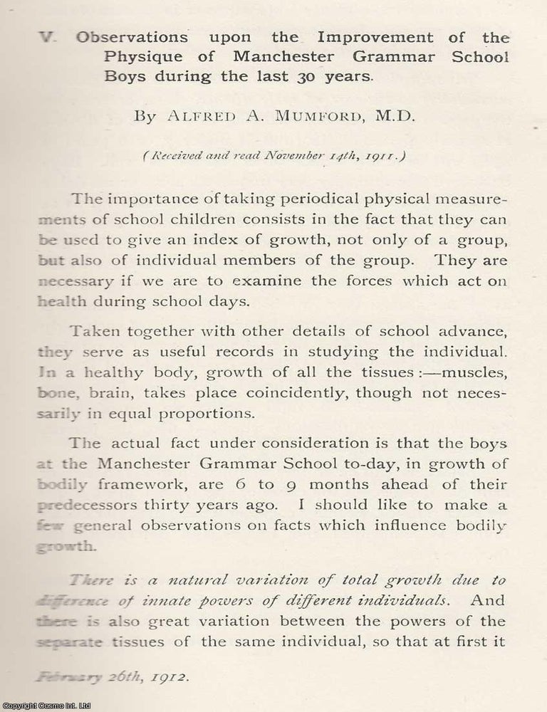 Item #615576 Observations upon The Improvement of The Physique of Manchester Grammar School Boys...