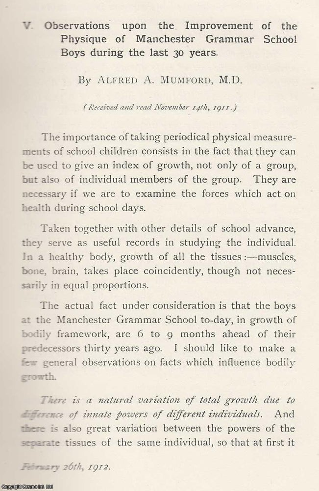 Item #615576 Observations upon The Improvement of The Physique of Manchester Grammar School Boys...