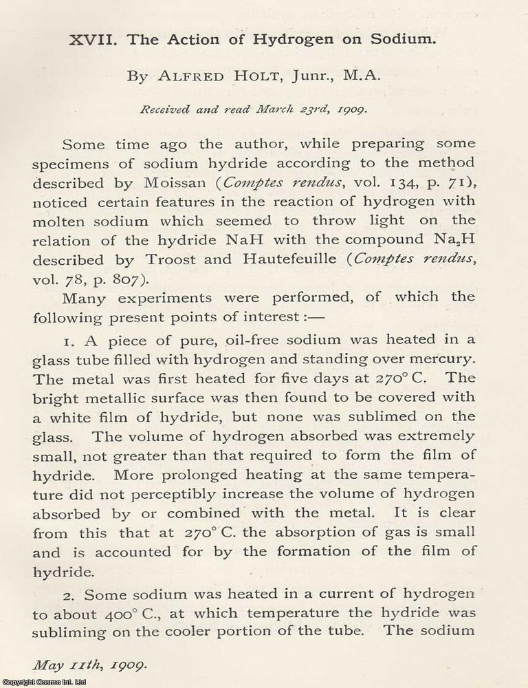 Item #615605 The Action of Hydrogen on Sodium. An original article from the Memoirs of the...