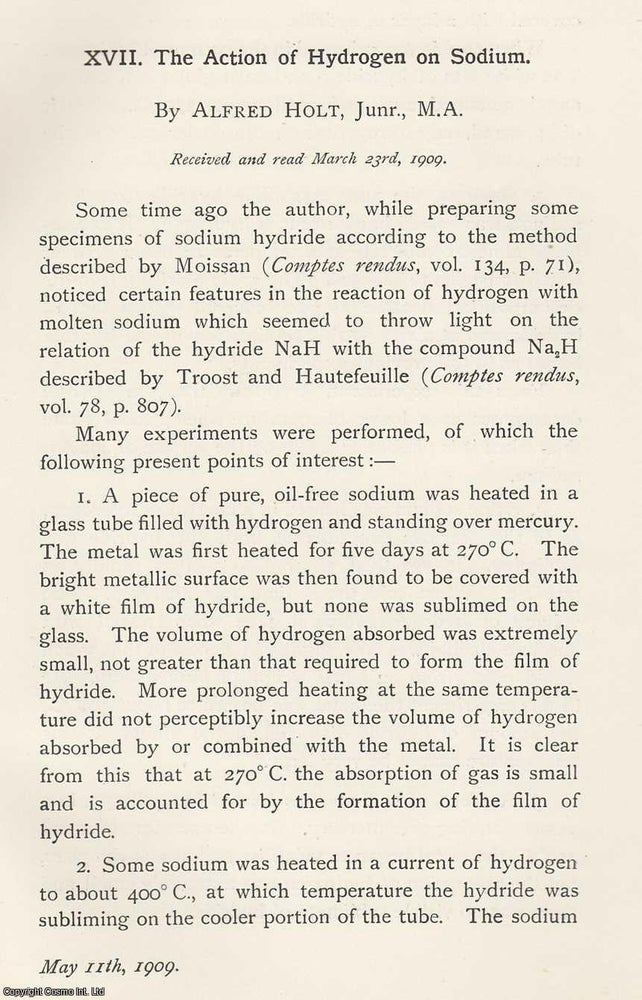 Item #615605 The Action of Hydrogen on Sodium. An original article from the Memoirs of the...