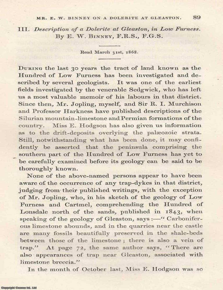 Item #615692 Description of a Dolerite at Gleaston, in Low Furness. An original article from the...