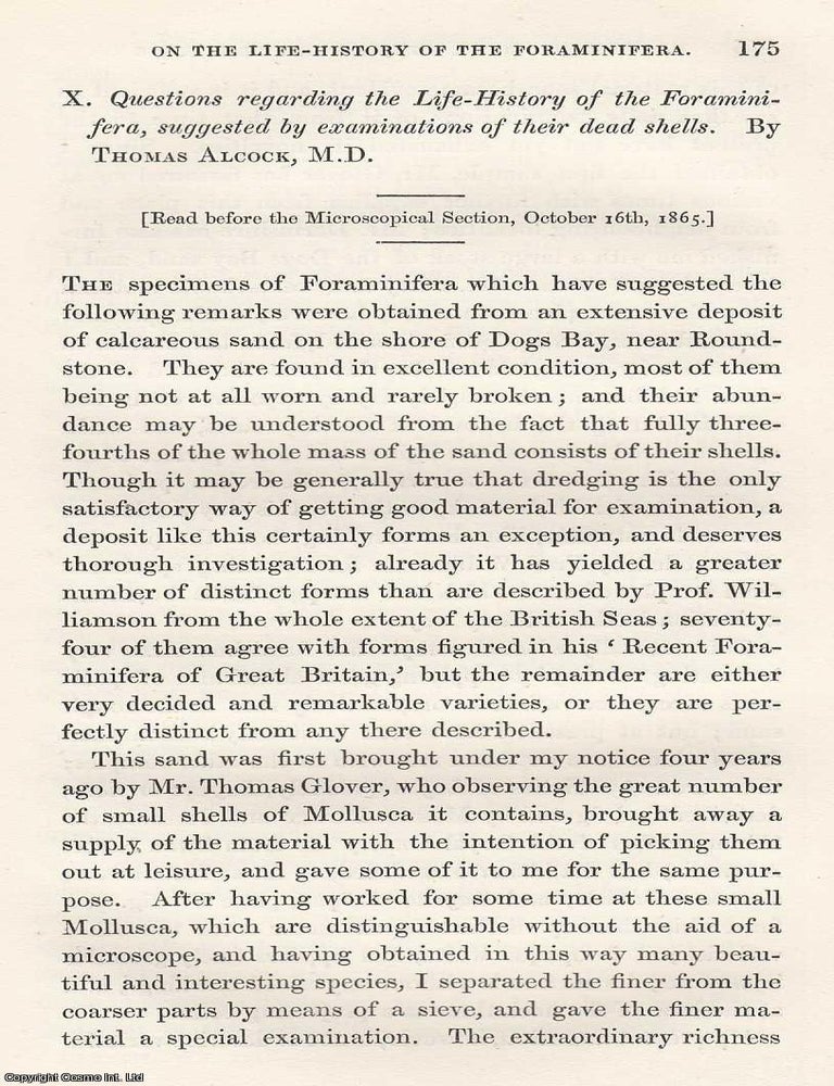 Item #615797 Questions Regarding The Life-History of The Foraminifera, Suggested by Examinations...