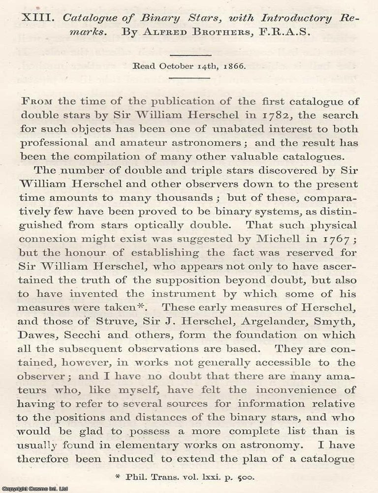 Item #615800 Catalogue of Binary Stars, with Introductory Remarks. An original article from the...