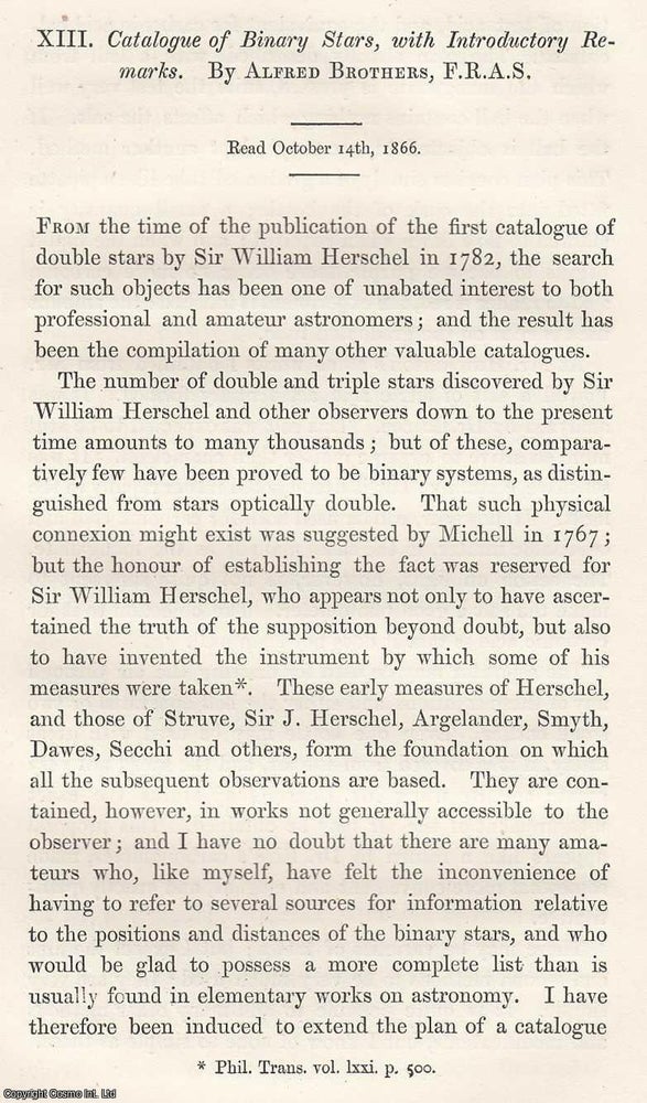 Item #615800 Catalogue of Binary Stars, with Introductory Remarks. An original article from the...
