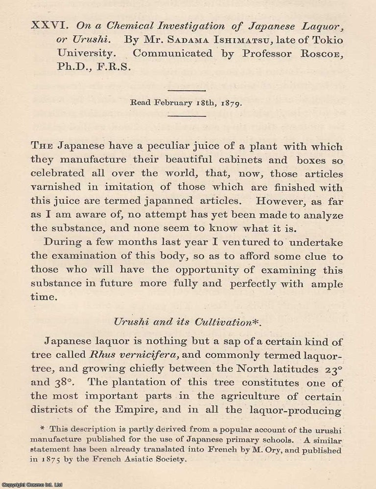 Item #615870 A Chemical Investigation of Japanese Laquor or Urushi. 13 pages. An article printed...