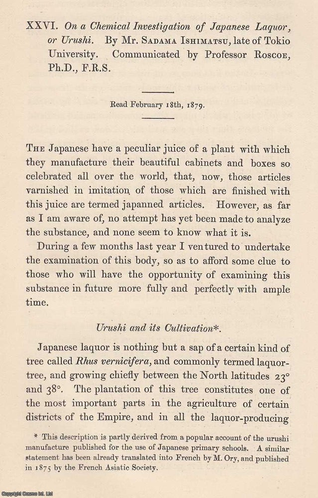 Item #615870 A Chemical Investigation of Japanese Laquor or Urushi. 13 pages. An article printed...