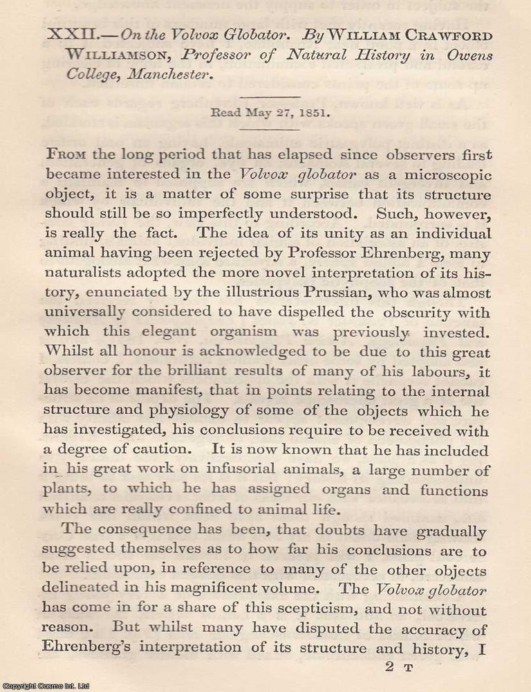 Item #615892 The Volvox Globator. An original article from the Memoirs of the Literary and...