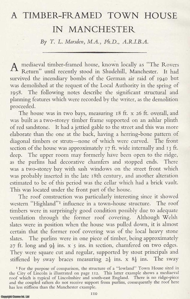 Item #616465 A Timber-Framed Town House in Manchester - The Rovers Return. 5 pages, 2 figures. An...