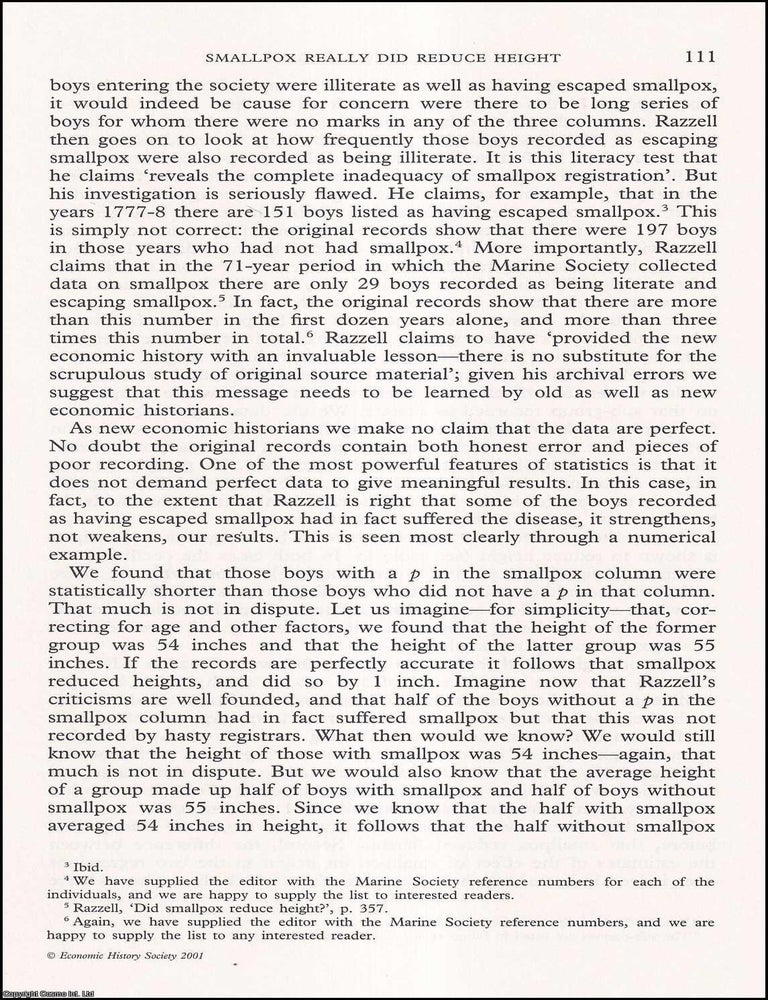 Item #616694 Did Smallpox Reduce Height? A Final Comment with Reply. 7 pages. An article printed...