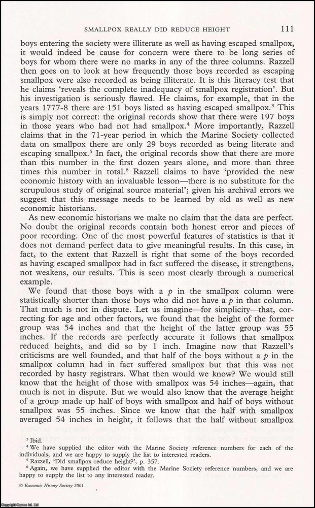 Item #616694 Did Smallpox Reduce Height? A Final Comment with Reply. 7 pages. An article printed...
