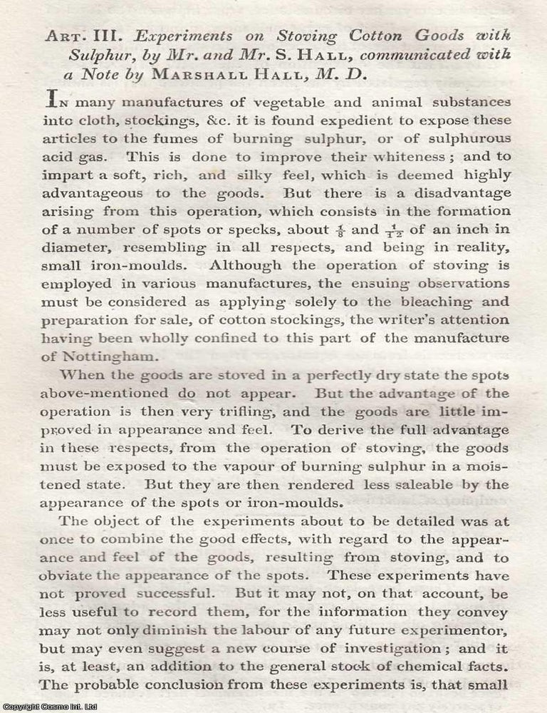 Item #616776 Experiments on Stoving Cotton Goods with Sulphur. By Mr & Mr S. Hall,...