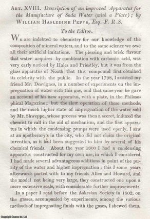 Description of an Improved Apparatus for The Manufacture of Soda Water. By William Hasledine Pepys, F.R.S. An uncommon original article from the Journal of Science and the Arts, edited by the Royal Institution of Great Britain, 1818.