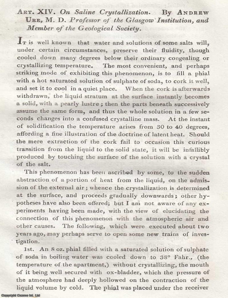 Item #616788 Saline Crystallization. By Andrew Ure. An uncommon original article from the Journal...