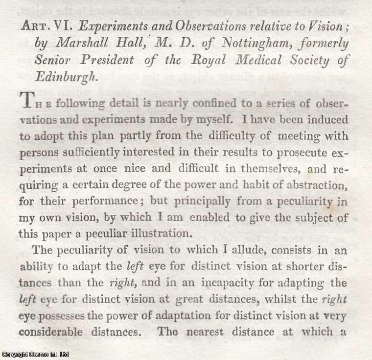 Item #616793 Experiments and Observations Relative to Vision. By Marshall Hall, M.D. of...