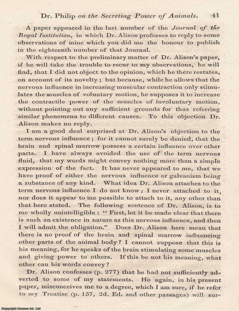 Item #616832 Additional Observations Relating to The Secreting Power of Animals. By A.P.W....