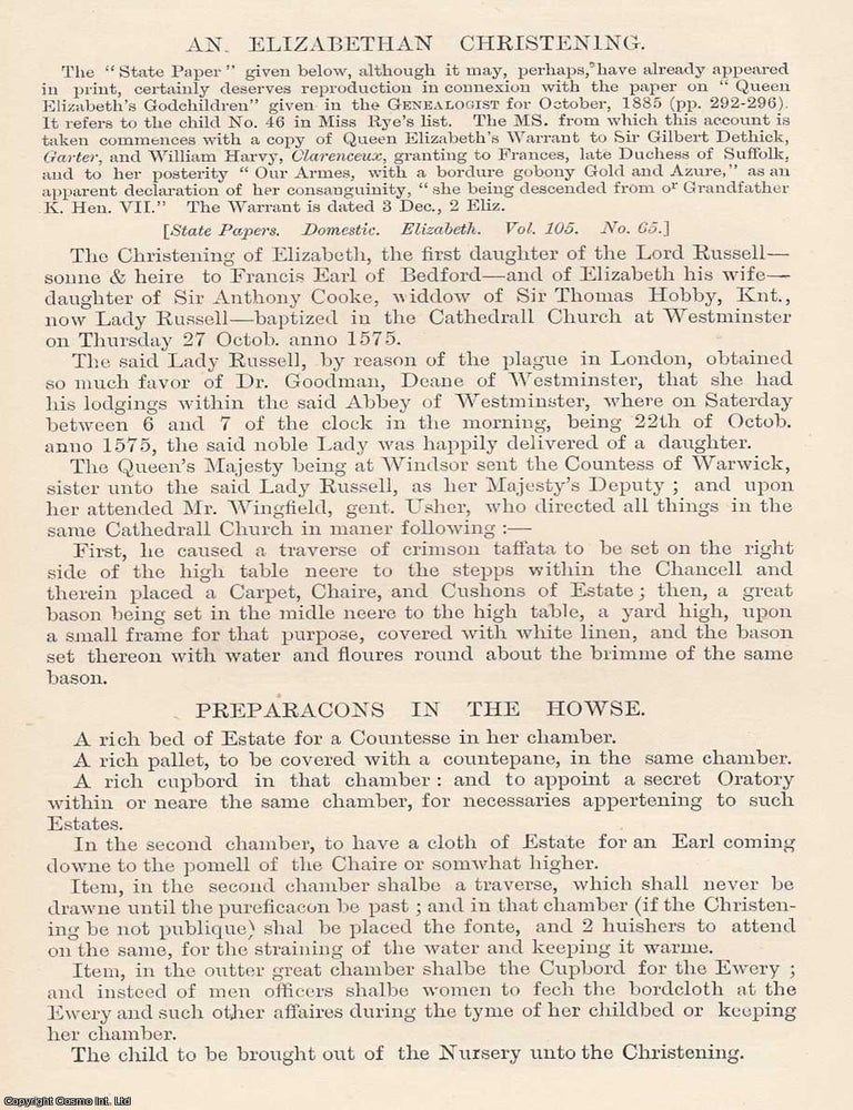 Item #616847 An Elizabethan Christening. An original article from The Genealogist, 1886. DAUGHTER...