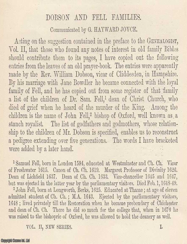 Item #616849 Dobson and Fell Families. 3 pages. An article printed in 1886, written by G. Hayward...